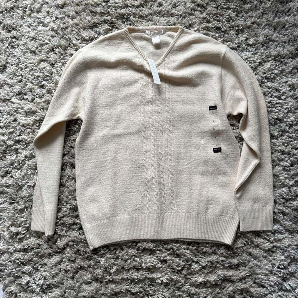 Perry Ellis Cream V-Neck Cable Knit Sweater